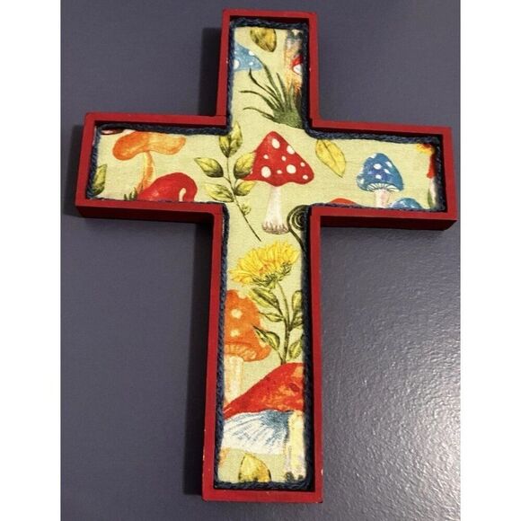 3 MCM Hand Made Painted Decorative Wooden Cross’s gnome and mushroom Design 70's - Picture 3 of 16